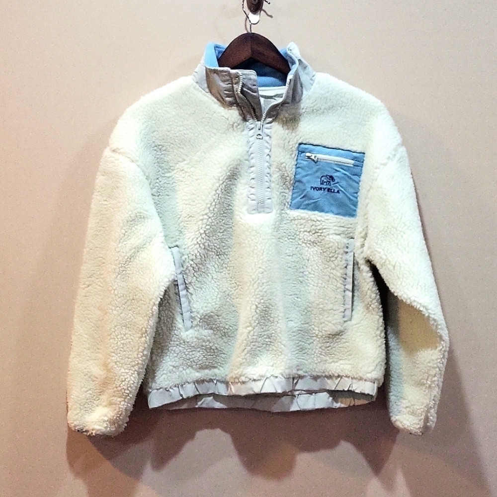 Ivory Ella Sherpa crop 1/4 zip XS Faded seaglass